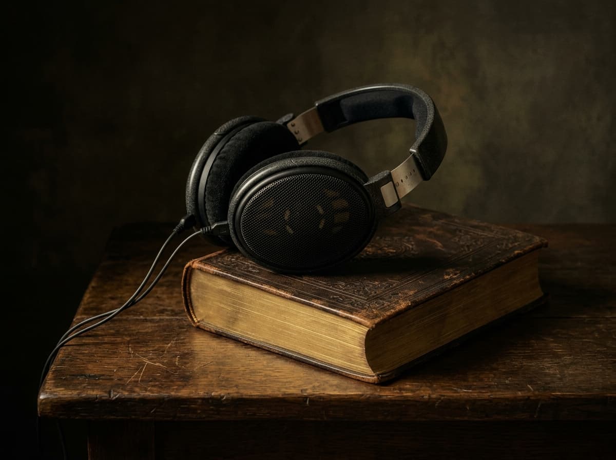 Headphones resting on a closed book in the style of a Dutch still life on dark wood with single directional light