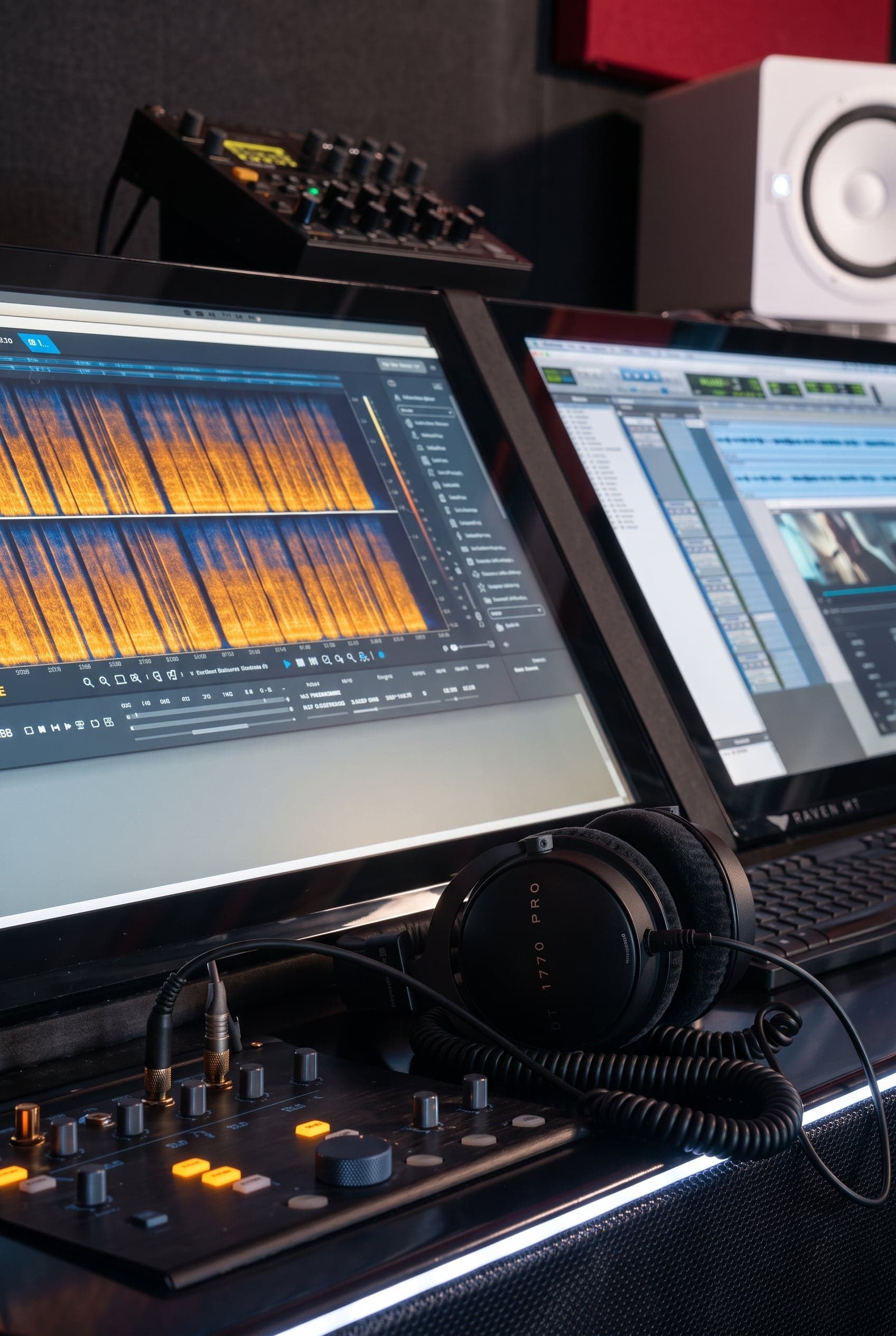 Booktrack audio production control room console with digital audio workstation and headphones